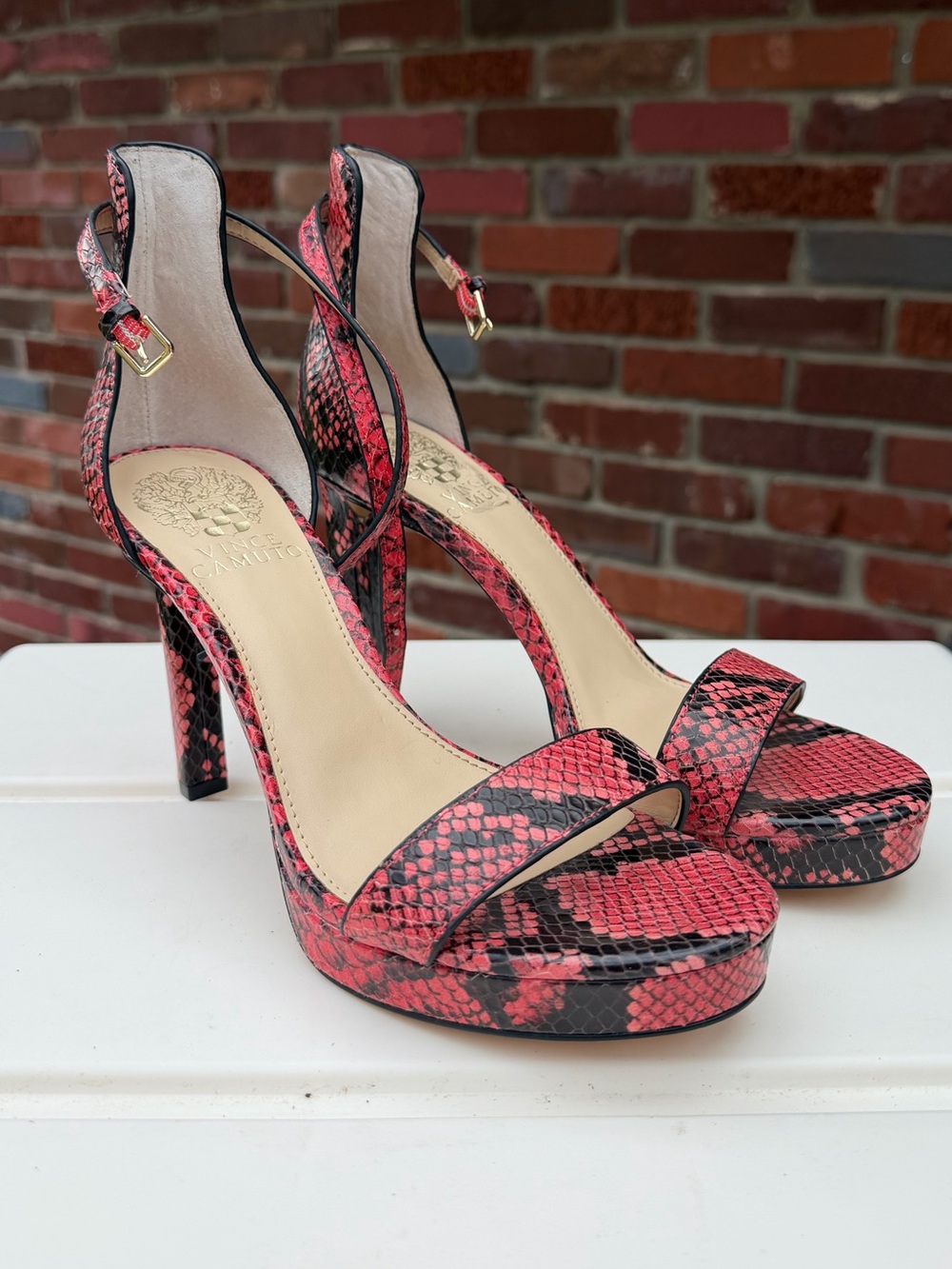 Never Worn Vince Camuto Pink/Red and Black Snake-Print Platform Heels w Strap